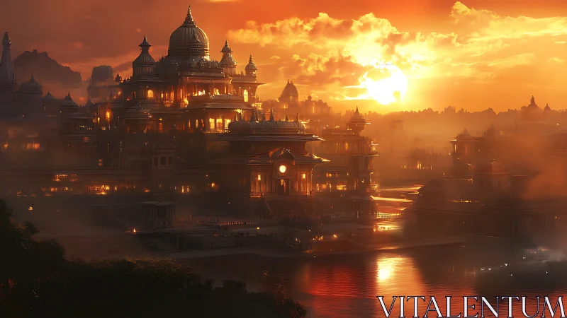Sunforge Palace glows over misty riverside kingdom.