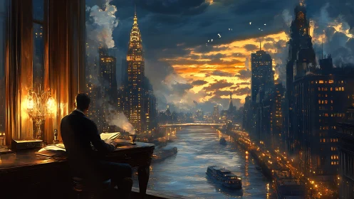 Solitary writer overlooks a glowing steampunk river city at dusk