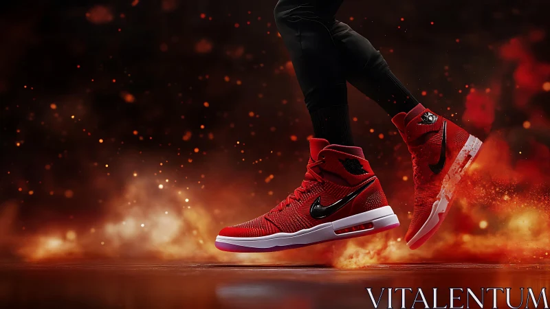Blazing red sneakers leap forward in a firelit sports arena
