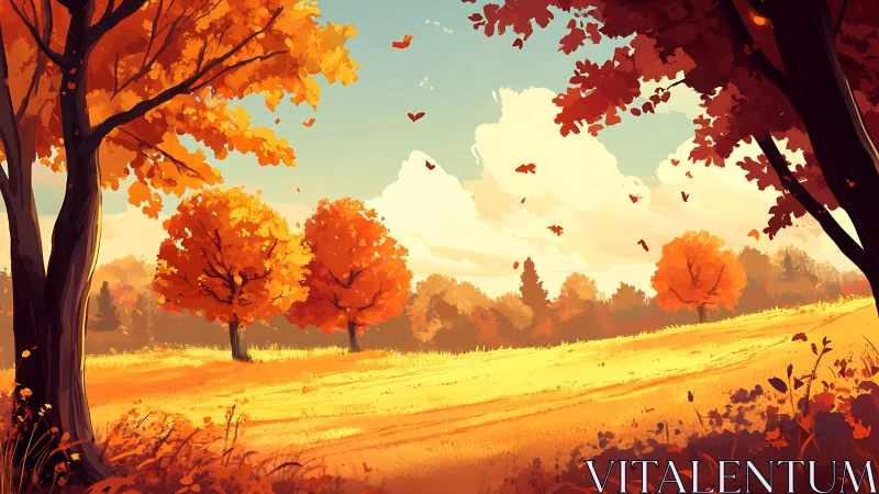 Autumn trees surround sunny meadow under clear blue sky