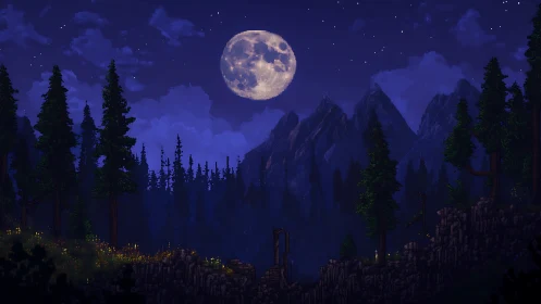Full moon over pixel forest and distant mountain range.