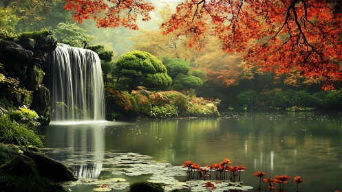 Tranquil autumn waterfall cradled by a glowing forest pond.