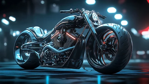 Cyberpunk low-slung chopper in neon nocturnal streetscape.