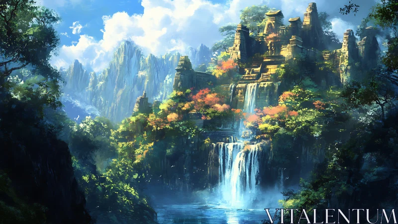 Ancient Citadel Among Cascading Waterfalls and Verdant Canyon Landscape.