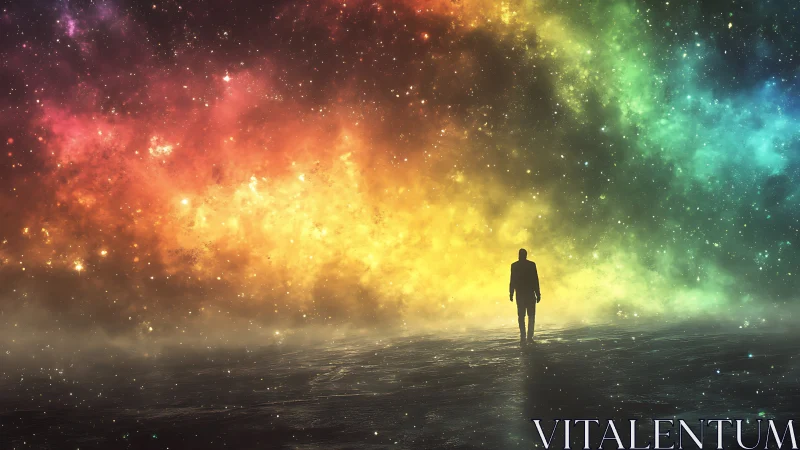 Silhouetted observer under a polychromatic stellar nebula field.