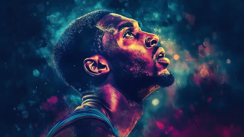 Neon-lit athlete gazes upward, carved from electric color storms