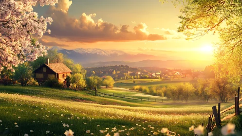 Sunlit rural meadow with cabin and distant mountain ridge.