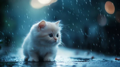 Luminous white kitten in rainfall with bokeh ambient lighting