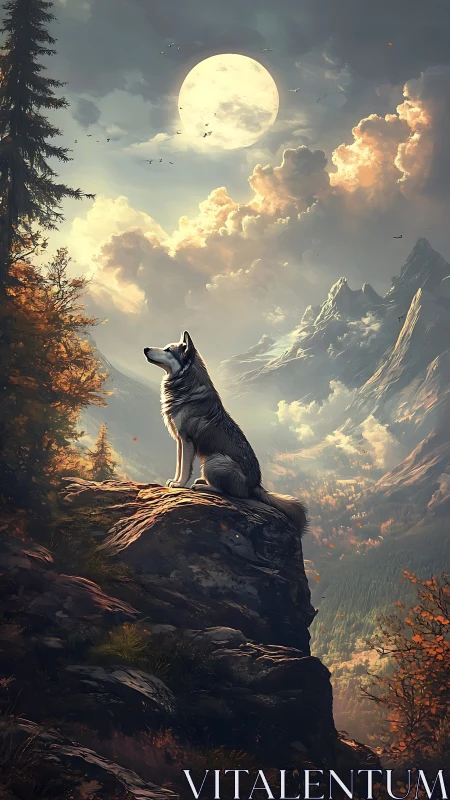 Wolf watches rising moon over dramatic autumn mountainscape.