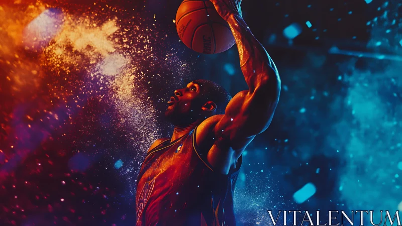 Digital painting of dynamic basketball dunk in dual lighting.
