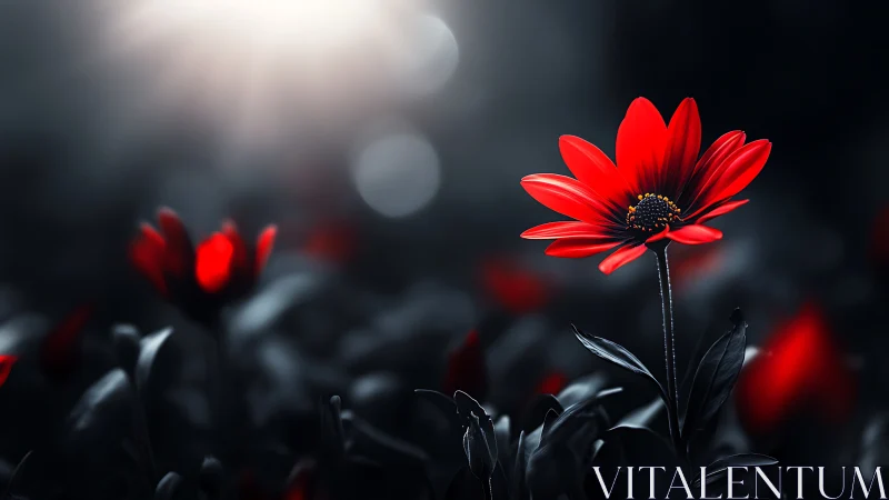 Radiant Red Daisy Blooming Through the Darkness.