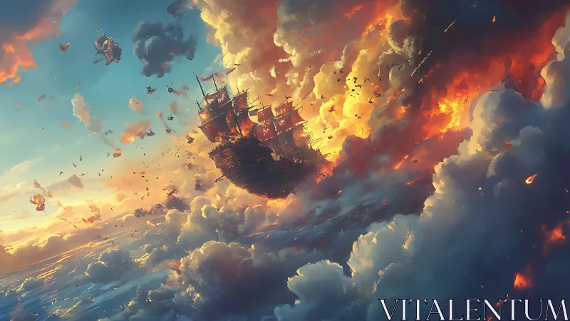 Sailing vessel suspended in fiery cloudscape environment.