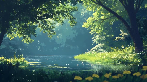 Serene Forest River with Dappled Light.