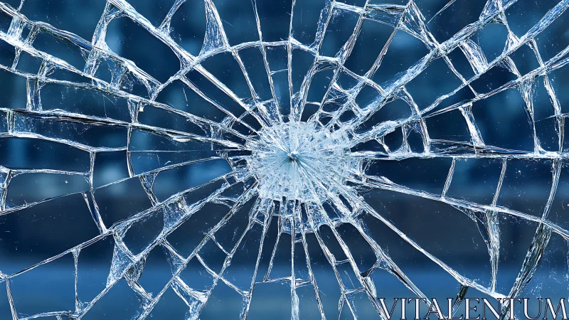 Shattered safety glass with radial crack pattern center.