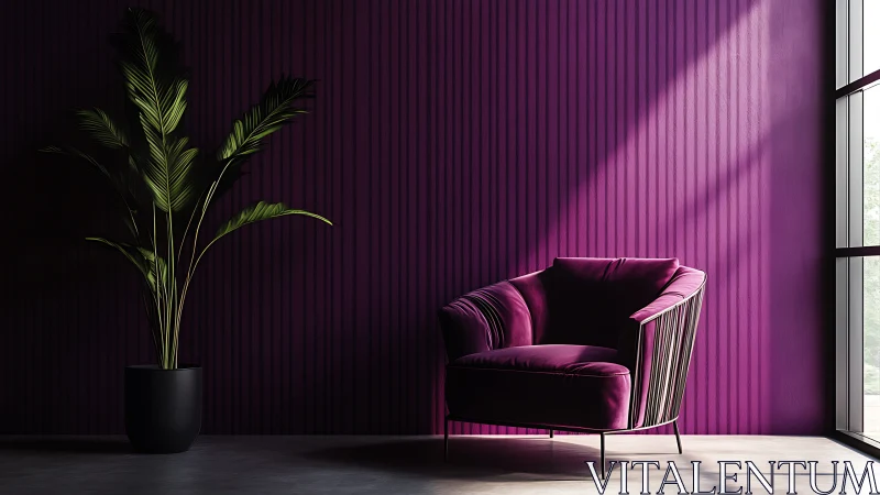 Velvet lounge chair sits in sunlit purple modern corner