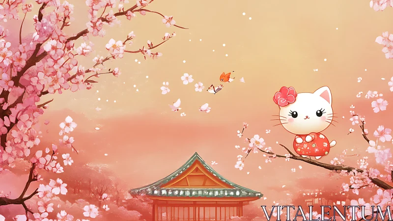 Stylized sakura landscape frames kawaii cat in patterned kimono