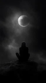 Solitary figure contemplates a moonlit sky in heavy darkness.