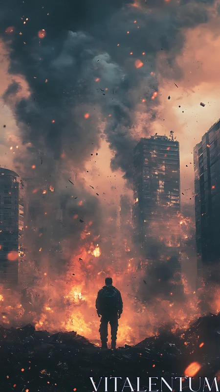 Lone wanderer stands firm in a burning city of embers.