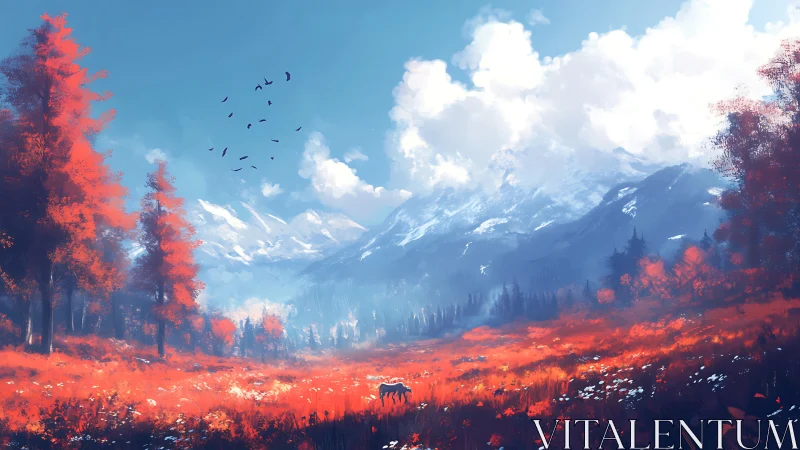 Crimson valley opens beneath towering snowcapped peaks.