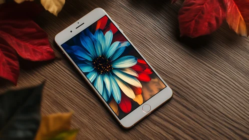 White smartphone displays vibrant turquoise flower against autumn leaves