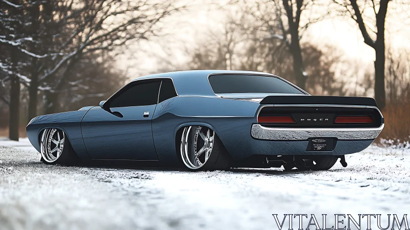 Blue classic Dodge coupe parked on snowy forest road.