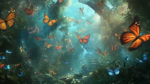 Butterfly chorus drifting through a spelllit emerald jungle.