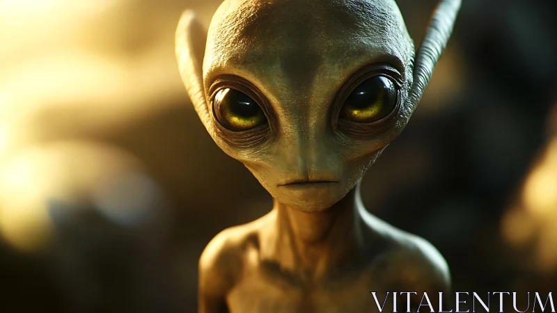 Alien character close-up with large glowing yellow eyes.