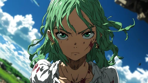 Green haired anime warrior stares ahead with fierce resolve.
