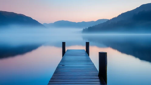 Silent pier adrift in pastel dawn fog over glassy lake.