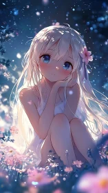 Backlit anime girl rendered with bokeh-rich nocturnal flower field