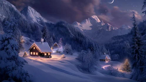 Snow-laden alpine cabins glow under a crescent winter night
