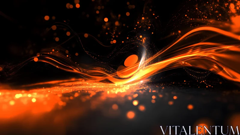 Abstract orange energy waves with glowing particles in motion.