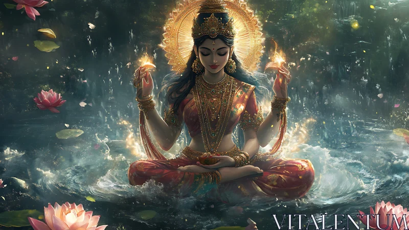 Goddess of liquid starlight meditates in a storm of lotus