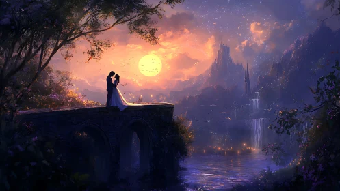 Silhouetted Lovers Embrace at Sunset Over Fantasy Castle Kingdom.
