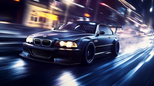 Cyberpunk street racer in dynamic night motion rendering.