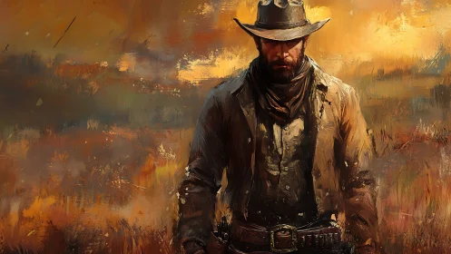 Solitary cowboy figure in painterly western landscape scene.