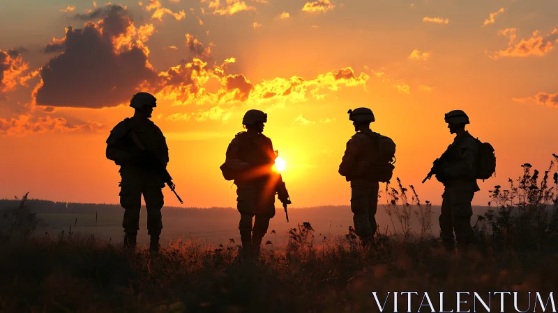 Silhouetted soldiers stand in formation against low sunset