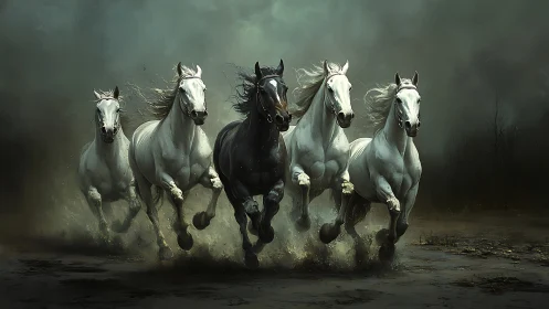 Stormborn herd thunders through mist and shadowed marshlands.