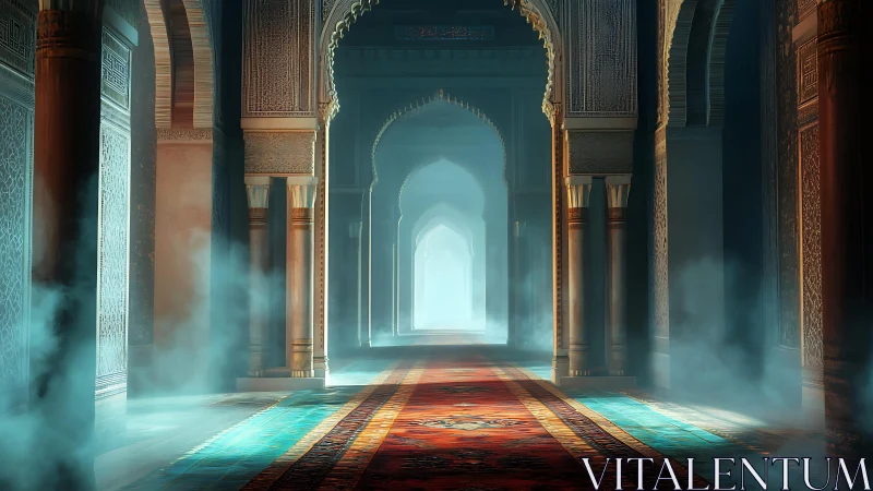 Mystic arched corridor with ornate columns and drifting mist