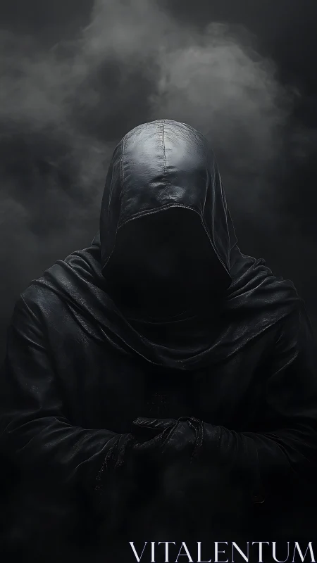 Hooded phantom in black leather cloak amid drifting smoke.