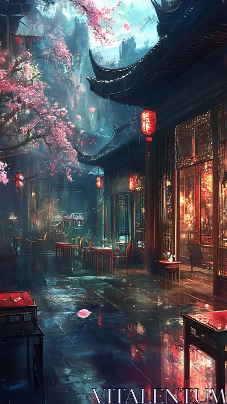 Lantern-lit tea courtyard glowing after a gentle spring rain.