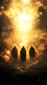 Cloaked figures approach central luminous vortex within radiant cloud field