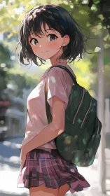 Smiling schoolgirl walking through sunlit summer streets.