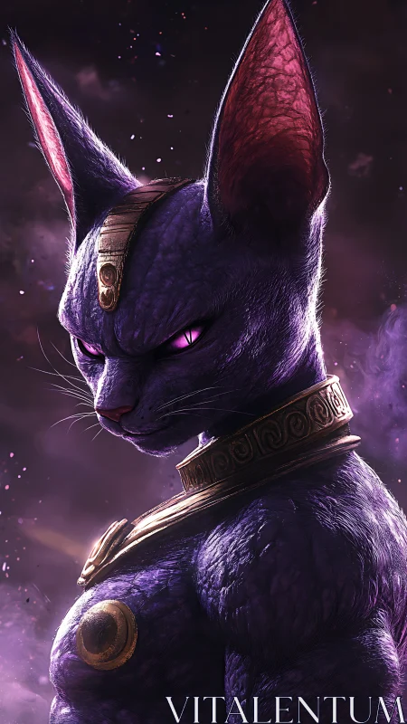 Purple anthropomorphic feline deity with ornate golden adornments.