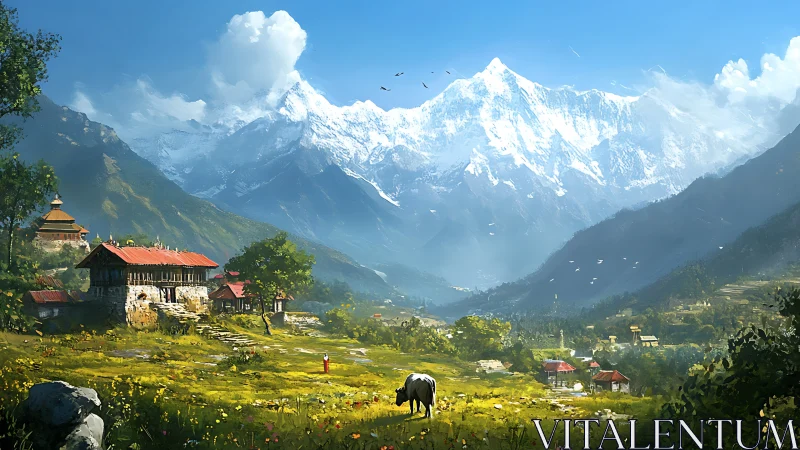 Mountain village meadow lies below towering snowy peaks