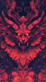 Symmetrical horned creature rendered in red digital illustration