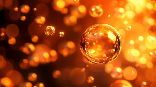High-gloss amber bubbles rendered with shallow depth of field