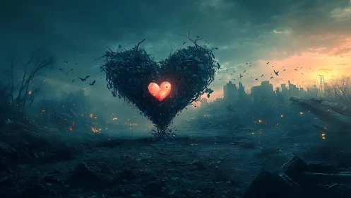 Luminescent Heart in Apocalyptic Wasteland: Digital Painting.