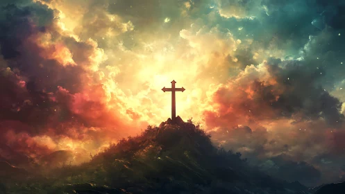 Cross stands on hilltop beneath luminous multicolored sky