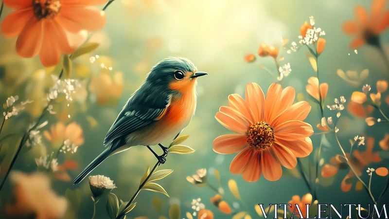 Colorful songbird perched in dreamy floral garden, digital art.